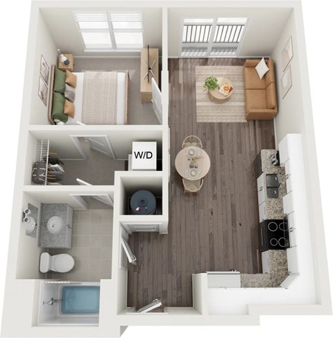 Floor plan for 1 bed, 1 bath, 576 sqft