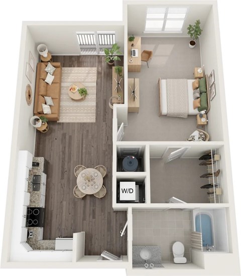 Floor plan for 1 bed, 1 bath, 733 sqft