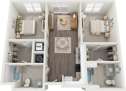 Floor plan for 2 beds, 2 baths, 836 sqft