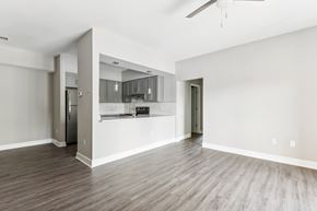 Goose Creek apartment for rent - A spacious kitchen and living room with wood flooring and white walls.