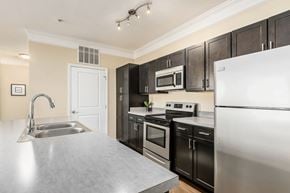 Columbus apartment for rent - A kitchen with black cabinets and stainless steel appliances.