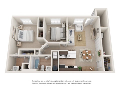 Floor plan for 2 beds, 2 baths, 997 sqft