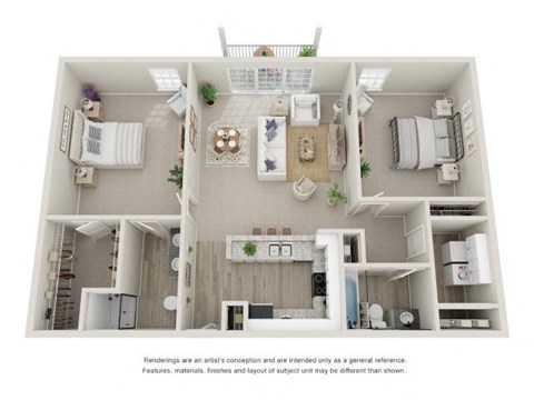 Floor plan for 2 beds, 2 baths, 1168 sqft