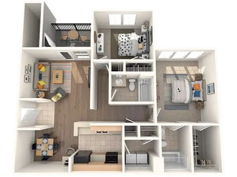 Floor plan for 2 beds, 2 baths, 1043 sqft