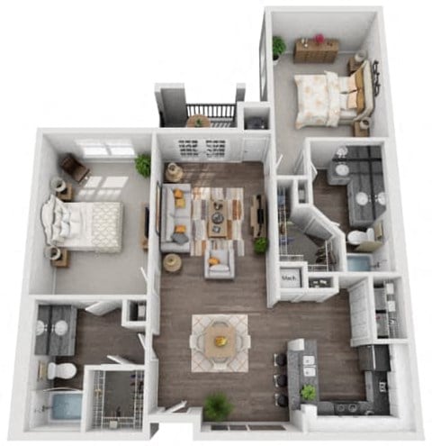 Floor plan for 2 beds, 2 baths, 1342 sqft