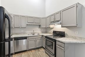 Smyrna apartment for rent - A kitchen with a black refrigerator and stove top oven.