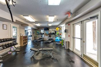 A gym with a lot of exercise equipment and windows