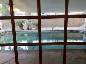 Los Angeles apartment for rent - A pool seen through a window with a chair and potted plants.