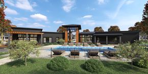 Woodbury apartment for rent - A modern building with a pool in front.