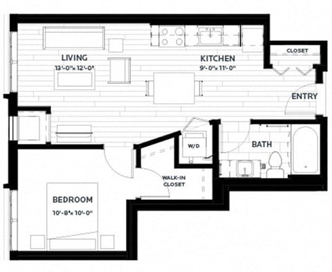 Floor plan for 1 bed, 1 bath, 577 sqft