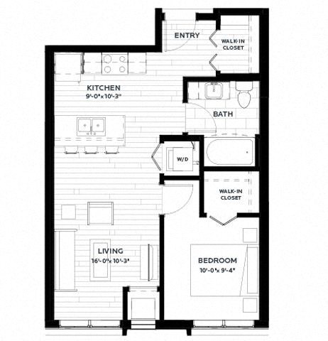 Floor plan for 1 bed, 1 bath, 610 sqft