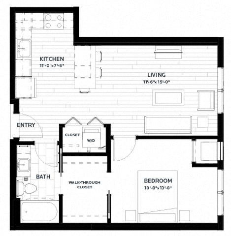 Floor plan for 1 bed, 1 bath, 660 sqft