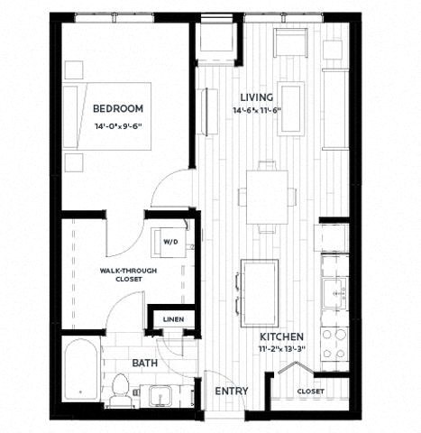 Floor plan for 1 bed, 1 bath, 667 sqft