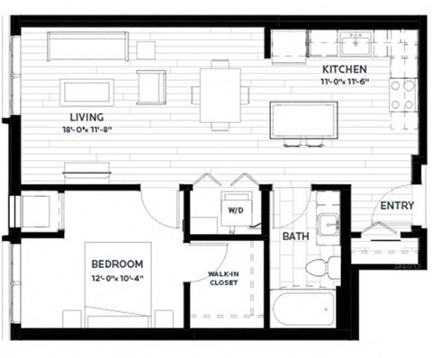 Floor plan for 1 bed, 1 bath, 696 sqft