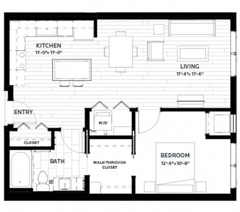 Floor plan for 1 bed, 1 bath, 701 sqft