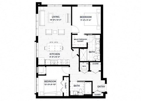 Floor plan for 2 beds, 2 baths, 984 sqft