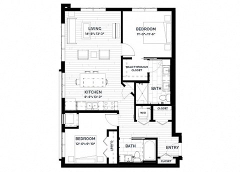 Floor plan for 2 beds, 2 baths, 1079 sqft
