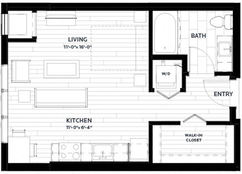 Floor plan for studio, 1 bath, 492 sqft