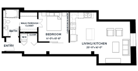 Floor plan for 1 bed, 1 bath, 793 sqft