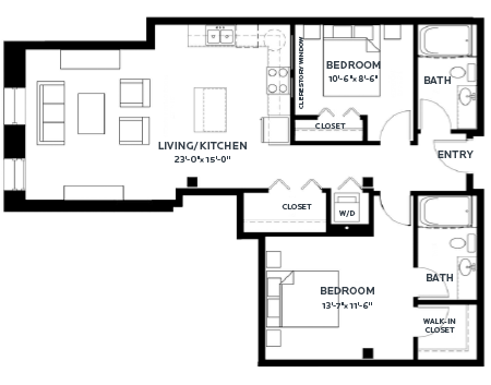 Floor plan for 2 beds, 2 baths, 1026 sqft