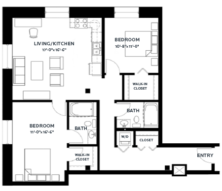 Floor plan for 2 beds, 2 baths, 1202 sqft