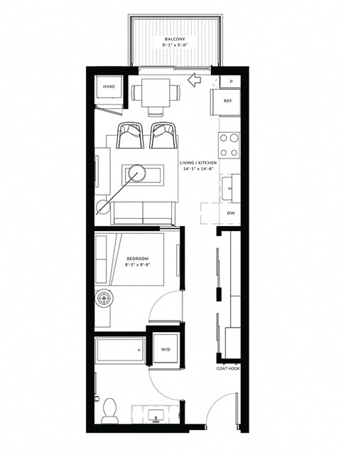 Floor plan for studio, 1 bath, 518 sqft