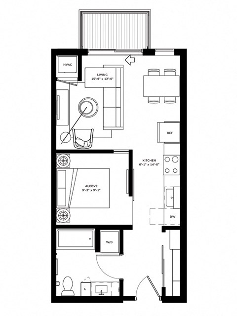 Floor plan for studio, 1 bath, 527 sqft