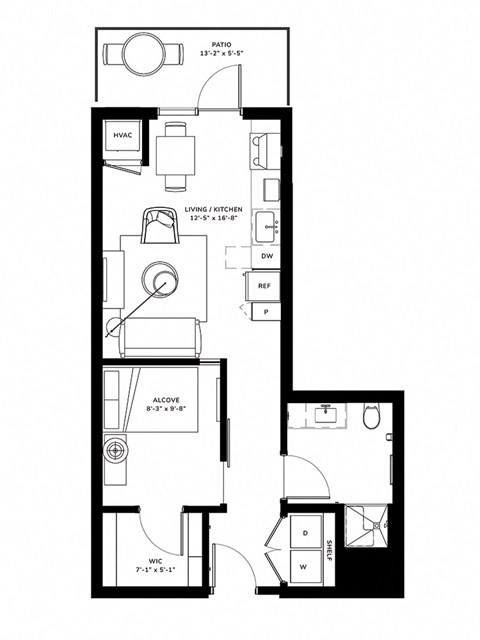 Floor plan for studio, 565 sqft