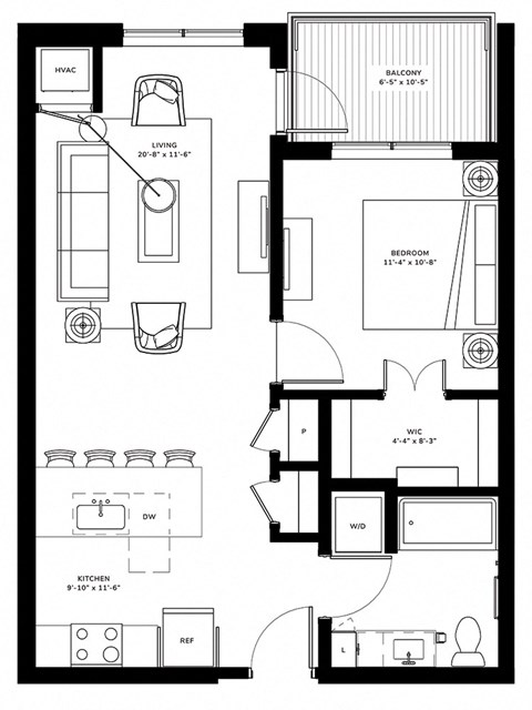 Floor plan for 1 bed, 1 bath, 693 sqft