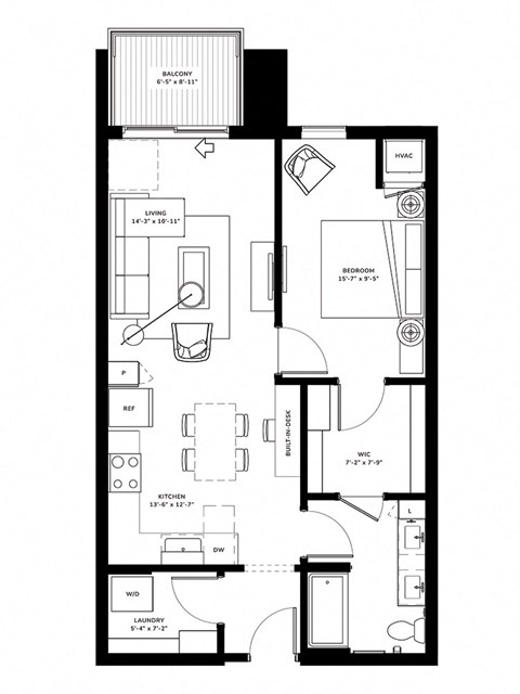 Floor plan for 1 bed, 1 bath, 753 sqft