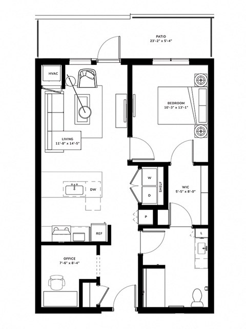 Floor plan for 1 bed, 1 bath, 791 sqft