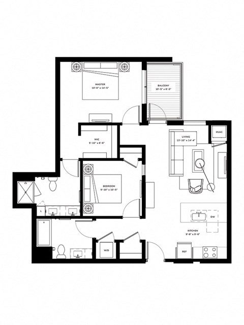 Floor plan for 2 beds, 2 baths, 1005 sqft