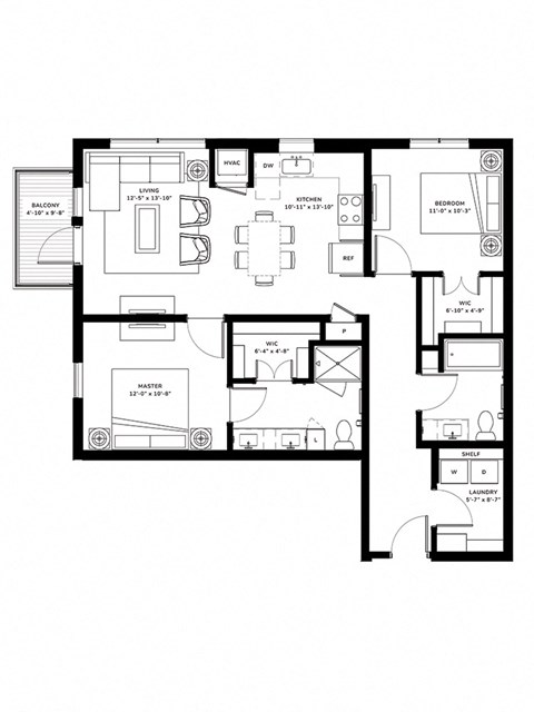 Floor plan for 2 beds, 2 baths, 1046 sqft