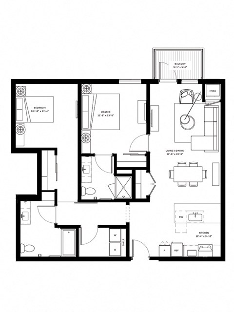 Floor plan for 2 beds, 2 baths, 1129 sqft