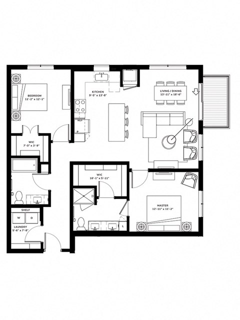 Floor plan for 2 beds, 2 baths, 1165 sqft