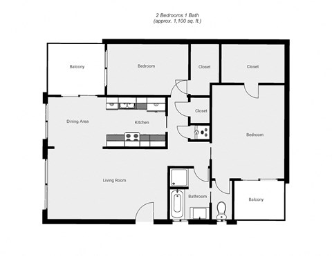Floor plan for 2 beds, 1 bath, 1060 sqft