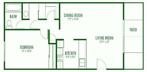 Floor plan for 1 bed, 1 bath, 798 sqft
