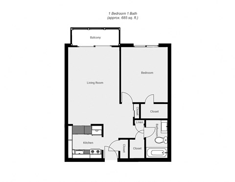 Floor plan for 1 bed, 1 bath, 750 sqft