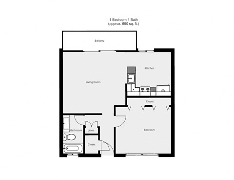 Floor plan for 1 bed, 1 bath, 600 sqft