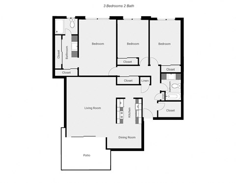 Floor plan for 3 beds, 2 baths
