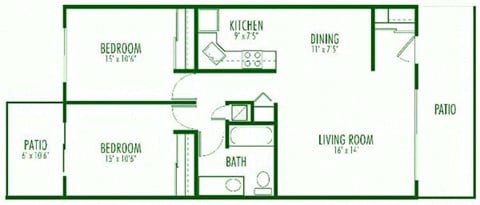 Floor plan for 2 beds, 1 bath, 840 sqft