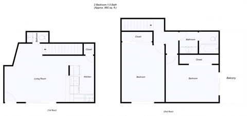 Floor plan for 2 beds, 1.5 baths, 1000 sqft