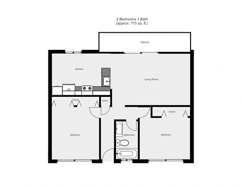 Floor plan for 2 beds, 1 bath, 800 sqft