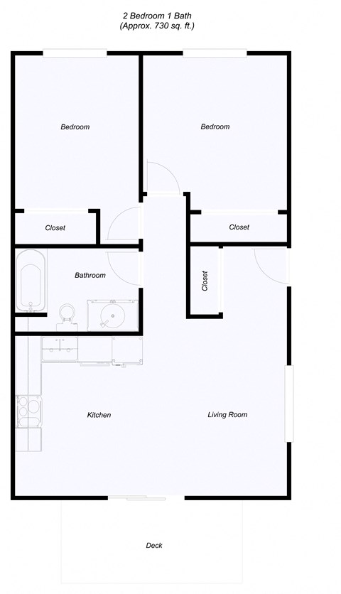 Floor plan for 2 beds, 1 bath, 788 sqft