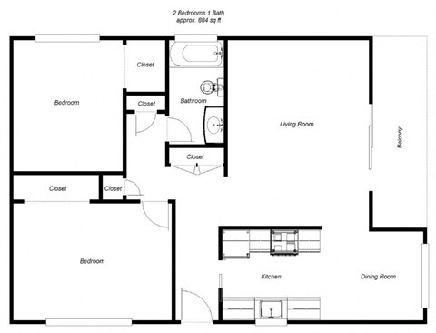 Floor plan for 2 beds, 1 bath, 780 sqft