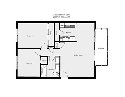 Floor plan for 2 beds, 1 bath, 890 sqft