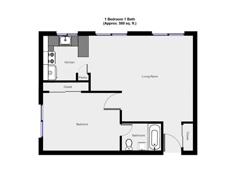 Floor plan for 1 bed, 1 bath, 675 sqft