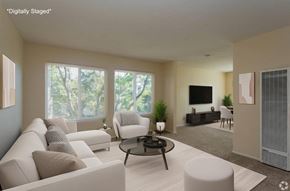 San Jose apartment for rent - A modern living room with a large window and a flat screen TV.