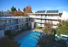 San Jose apartment for rent - A high sky view of the Aegena apts inner courtyard with a pool the beige building wraps around the pools with trees in the background Prodesse Property Group 1211 Garbo Way  San Jose, CA 95117
