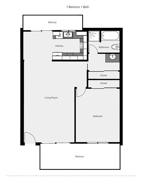 Floor plan for 1 bed, 1 bath, 858 sqft